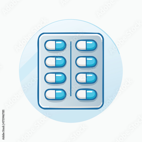 Illustration of a blister pack with eight blue and white capsules.