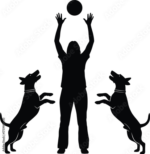 Woman playing with two dogs, pet training, outdoor fun, jumping dogs catching ball, silhouette art, CAD drawing flat vector illustration