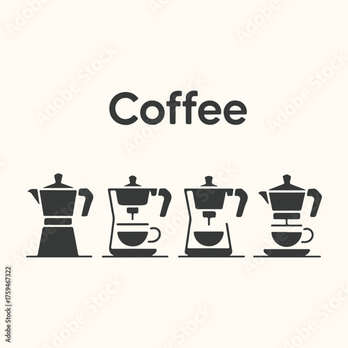 Vector art of a simple graphic illustration of four moka pots and coffee cups, with the word coffee above