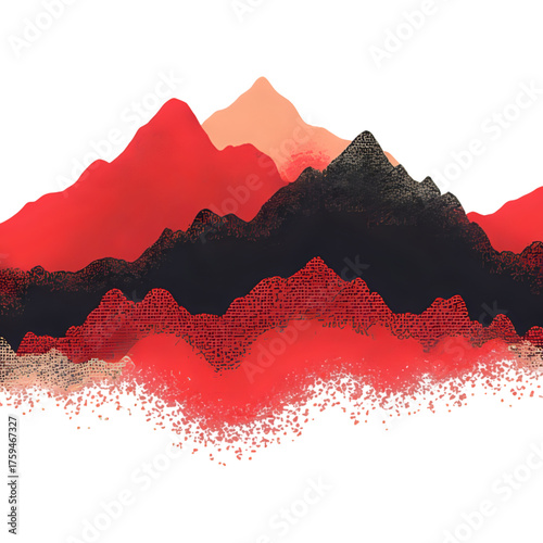 Vector design where the mountains are defined by parallel halftone dots (Ben-Day dots), creating depth gradients in red and black