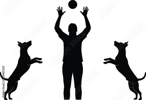 Man playing with two dogs, pet training, outdoor activity, jumping dogs catching ball, silhouette art, CAD drawing flat vector illustration