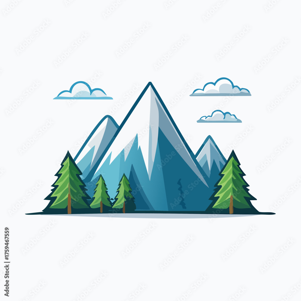 Obraz premium Stylized Mountain Range with Pine Trees and Clouds.