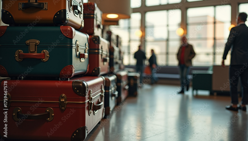Obraz premium Vintage suitcases stacked in modern lobby with travelers in background