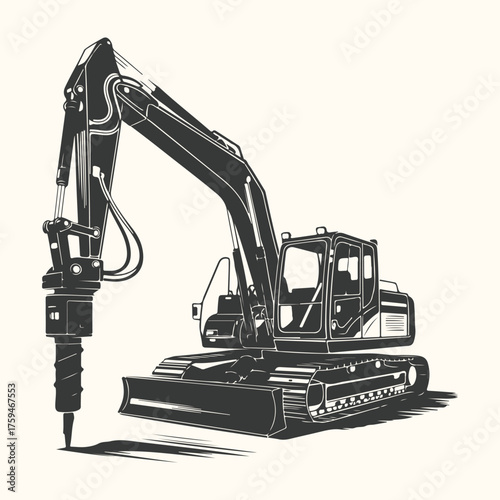 Illustration of a heavyduty excavator with a hydraulic breaker attachment, isolated on a light background