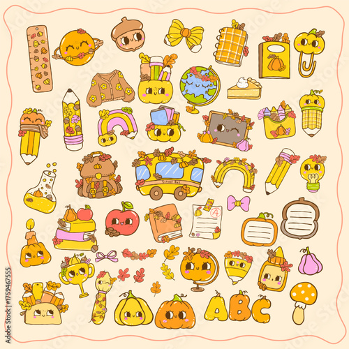 Cute Groovy Retro Autumn School Supplies Elements Collection Back to School Fall Icon Cartoon Hand Drawn Set