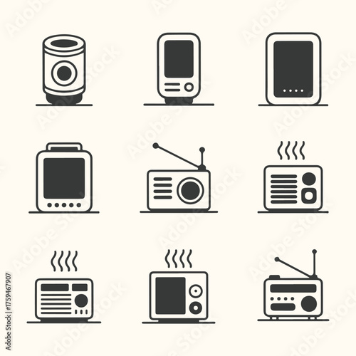 Vector art of collection of vintage and modern radio icons, representing audio technology and communication devices