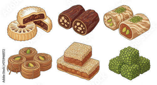 A diverse assortment of delicious traditional sweet pastries and desserts