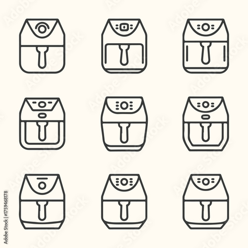 Vector art of collection of nine simple line art icons representing air fryers, isolated on a cream background