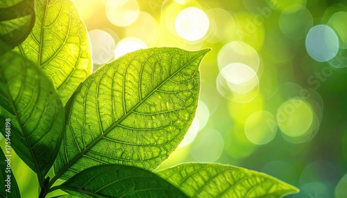 Close up of vibrant green leaves with sunlight filtering through creating a bokeh effect in a lush natural environment showcasing delicate plant textures and natural beauty