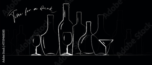 Time for a Drink, horizontal bar poster, restaurant menu, sign, hand-drawn line art of bottles and glasses, lettering. Sketch-style drawing with a white marker, black background, drink party, kitchen 