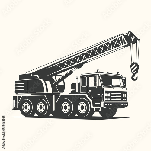 Vector art of a detailed illustration of a heavyduty mobile crane with its boom extended, ready for construction work