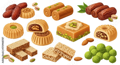 A delightful assortment of traditional Middle Eastern and Arabic sweets, including dates, pistachios, and nut-filled pastries