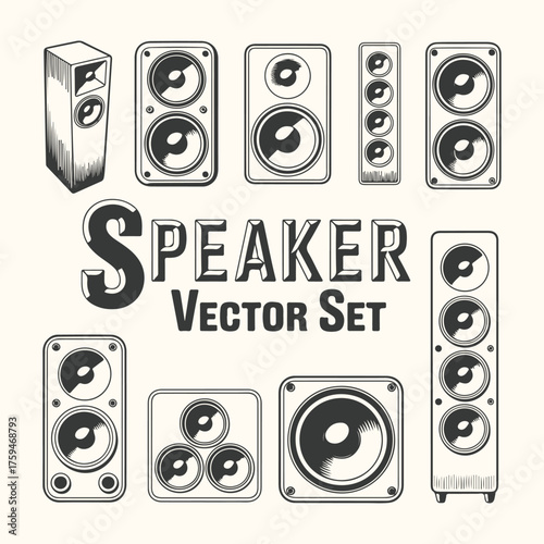 Vector art of collection of various speaker vector illustrations, including tower speakers, bookshelf speakers, and subwoofers, isolated on a
