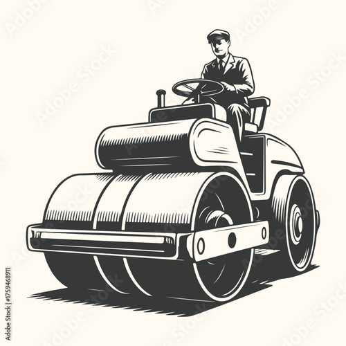 Vector art of vintage steamroller with a man driving