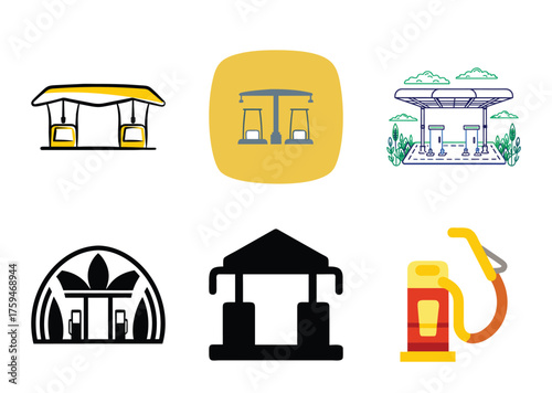 Minimalist Gas Station Icon Illustration with Yellow Roof and Pumps Gas Dispenser Fueling Station Outlined Design