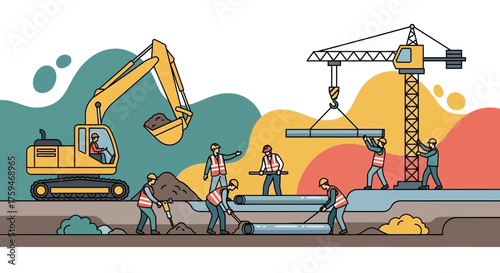 Construction site with workers excavator and crane building infrastructure illustration concept