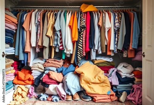 A full overflowing wardrobe with clothes spilling out,  cotton,  bursting