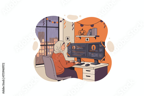 Female developer in hijab debugs code at decorated home office on a rainy Halloween night