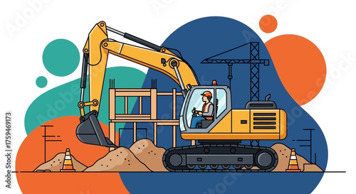 Construction worker operating excavator at a building site symbolizing industry and development