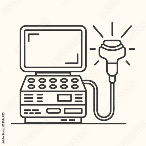 Vector art of line art illustration of an ultrasound machine with a transducer emitting waves, isolated on a light background