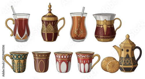 Collection of intricately decorated Arabic tea cups and a teapot with rich cultural patterns
