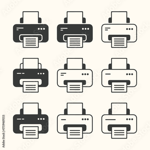 Vector art of set of nine printer icons in black and white, representing different styles and variations of printers, isolated on a light background