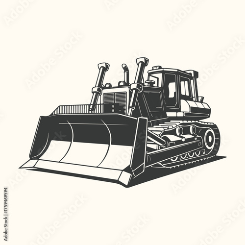 Illustration of a bulldozer, a heavy construction vehicle with a large metal blade at the front for pushing material