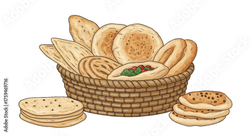 Assortment of freshly baked breads and flatbreads in a woven basket, perfect for culinary themes