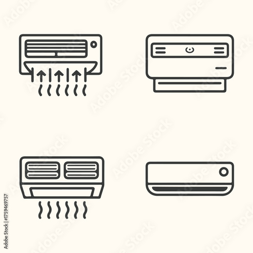 Vector art of set of four different air conditioner icons, representing cooling and ventilation systems