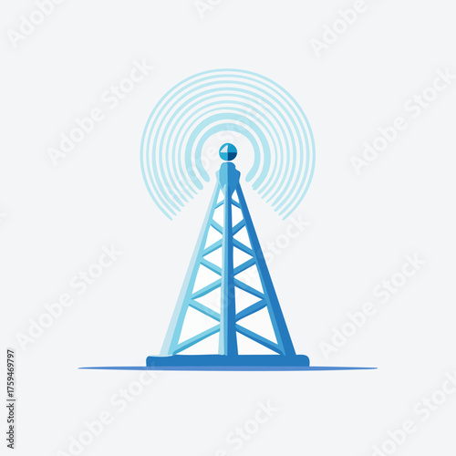 Blue telecommunication tower emitting radio waves illustration.