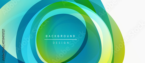 Abstract layers create dynamic circular design. Blue, green hues blend, forming modern background. Text reads background design.