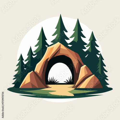 Cave entrance in a forest with pine trees and rocks.