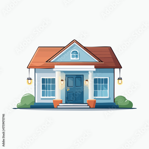 Charming Cartoon House with Garden and Blue Door.