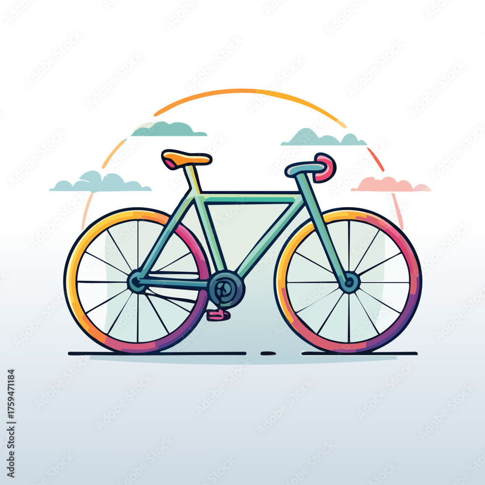 Fototapeta premium Colorful Bicycle Illustration with Clouds and Rainbow.
