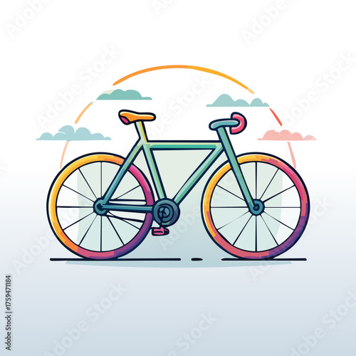 Colorful Bicycle Illustration with Clouds and Rainbow.