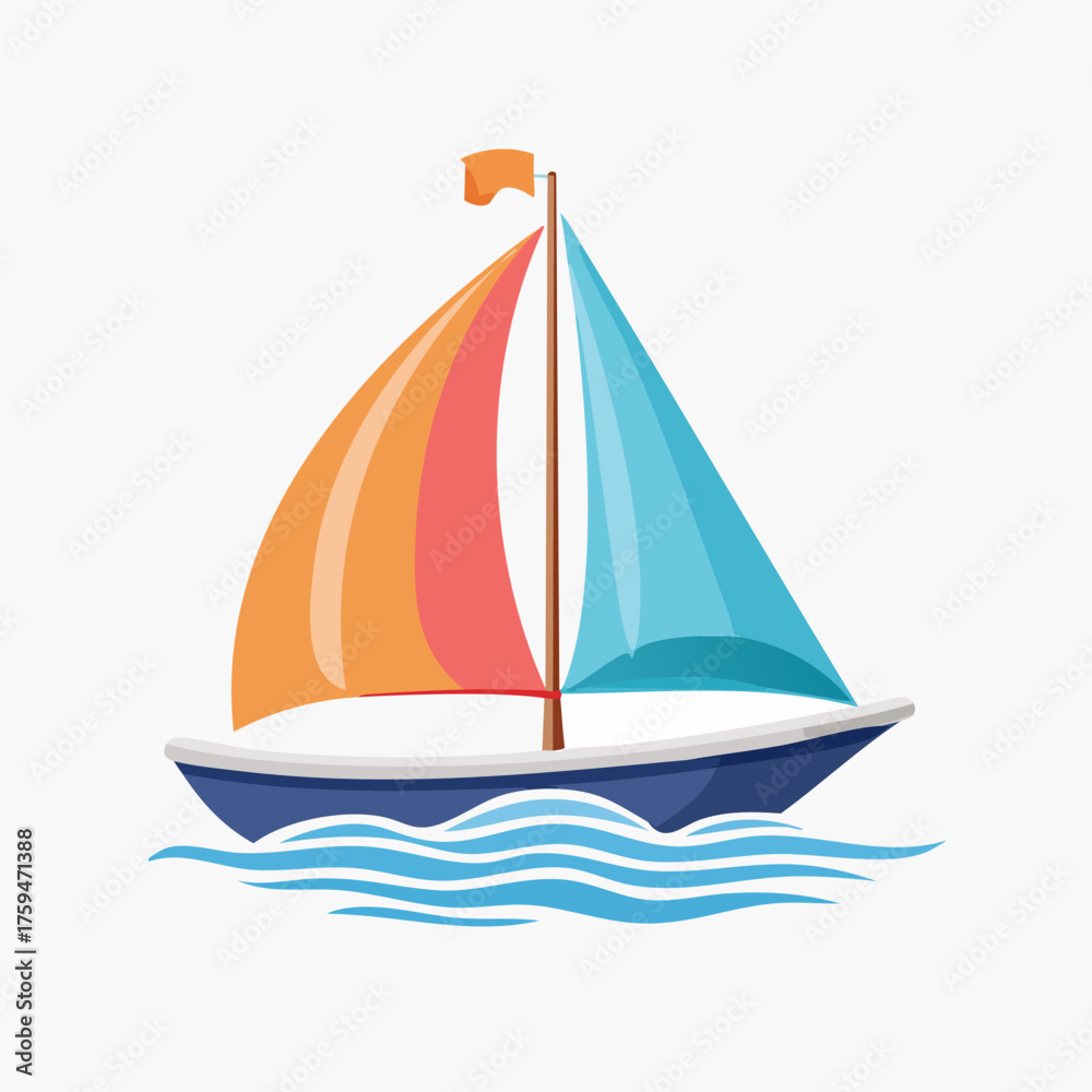 Fototapeta premium Colorful Sailboat Floating on Water with Wavy Lines.
