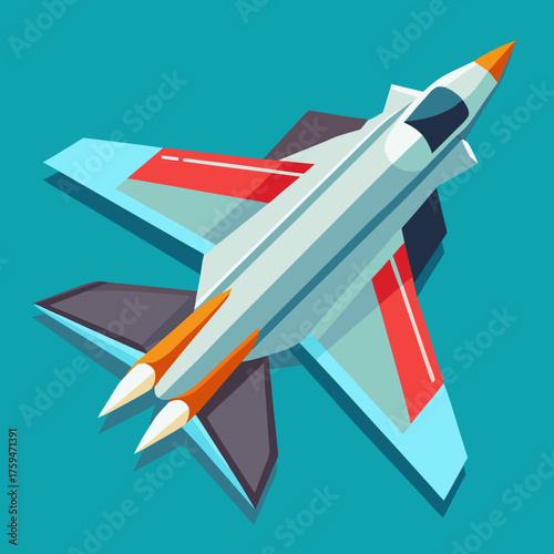 Modern fighter jet in a stylized isometric view against a teal background