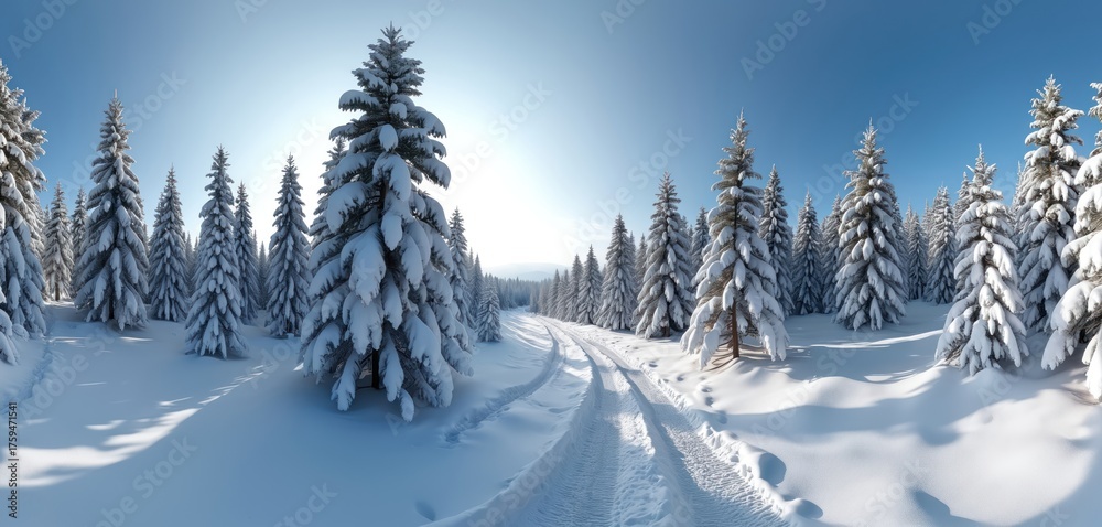 Obraz premium Snow covered pine forest and a path in winter. Bright sun illuminates a serene, frosted evergreen woodland landscape. Cold, crisp air fills the peaceful, white panorama.