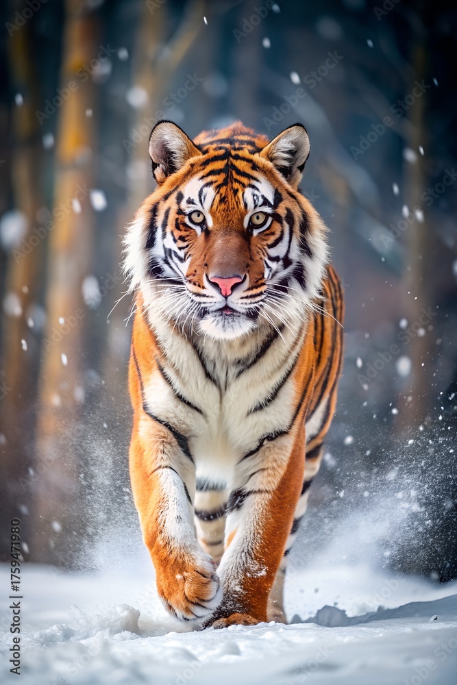 Obraz premium Majestic bengal tiger walking through a snowy forest with snow falling and bamboo trees in background