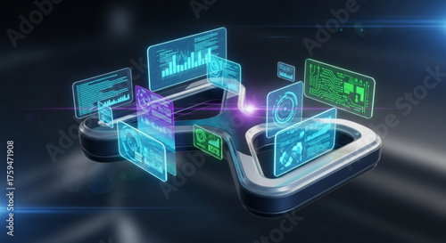 Futuristic technology interface with holographic screens displaying data and information, creating a hightech and innovative visual