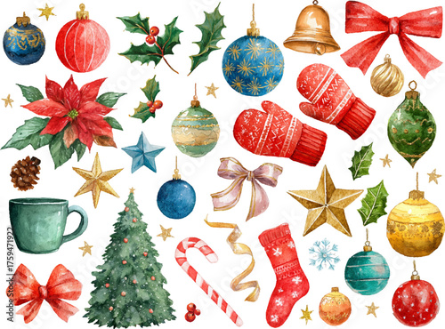 Watercolor Christmas Clipart Set . A festive watercolor Christmas clipart collection featuring Christmas trees, ornaments, bells, stars, mittens, holly leaves, candy canes, ribbons, and gifts.