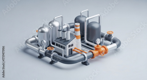 Isometric view of a cartoon industrial plant with pipes and tanks, showcasing a clean and efficient manufacturing process