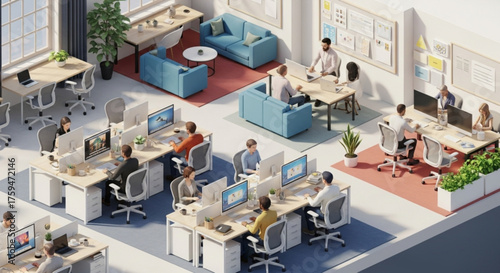 Isometric office space with people working at desks, collaborating in lounge area, and plants adding a touch of nature to the environment