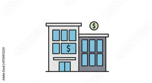 A minimalist illustration of a modern bank building with a dollar sign, , representing finance and investment