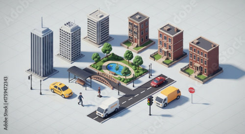An isometric view of a miniature city with buildings, roads, cars, and pedestrians, showcasing urban planning and architectural design