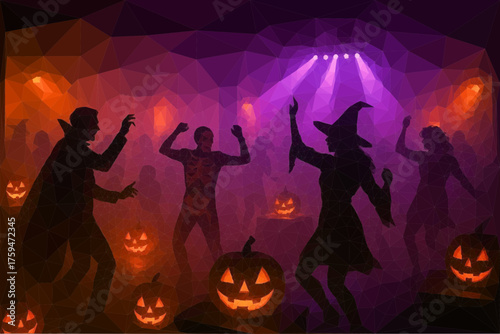 A dark dance club with fog, pumpkins, and dim lighting.
Silhouettes of dancing figures in costumes. Low Poly Design.