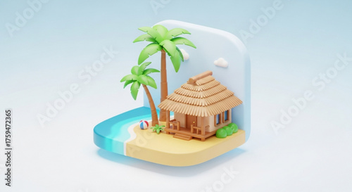 Tropical island paradise with palm trees and a hut on a sandy beach, rendered in 3d with vibrant colors and a serene, vacation atmosphere