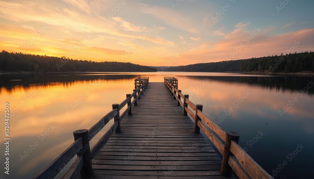 Obraz premium Long wooden pier reaches into calm lake water under colorful sky. Orange pink light reflects on smooth surface. Green forest lines distant shore at dawn dusk. Peaceful tranquil nature view. Beautiful