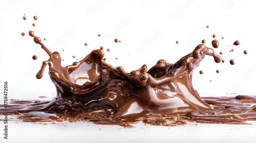 Fototapeta premium Syrup Splatter: Vivid Chocolate Drizzle on White Canvas for a Decadent Touch