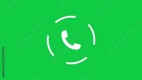 An animated incoming call icon with a white outline and pulsing ring on a green screen.